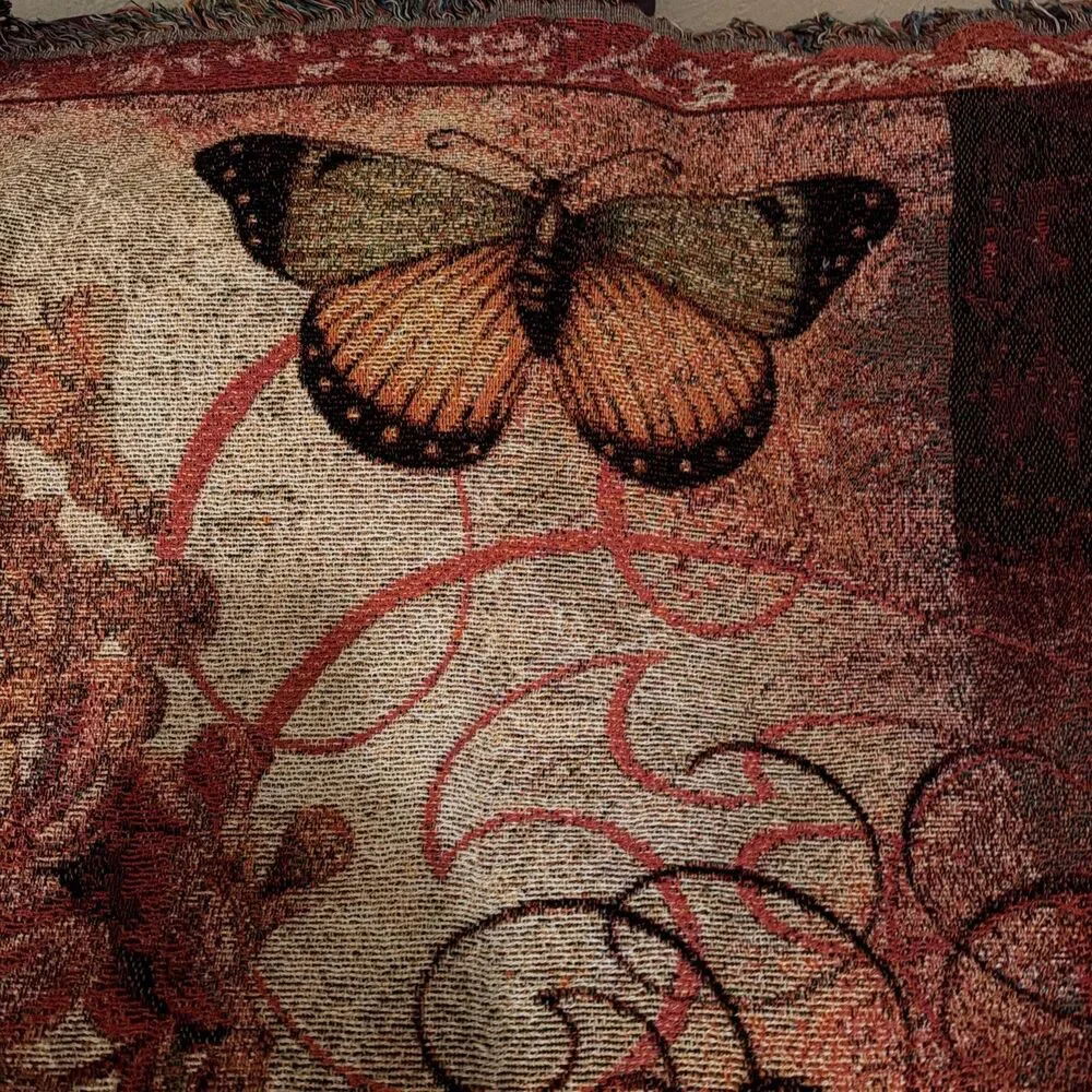 WOVEN TAPESTRY/ THROW KIMBERLEY POLOSON ARTIST BUTTERFLY & ROSE 50” X 60”.  EUC!